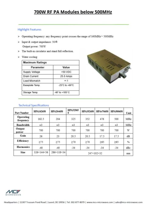 Pa Module Factset 700W RF PA Modules below 500MHz - MCV Microwave